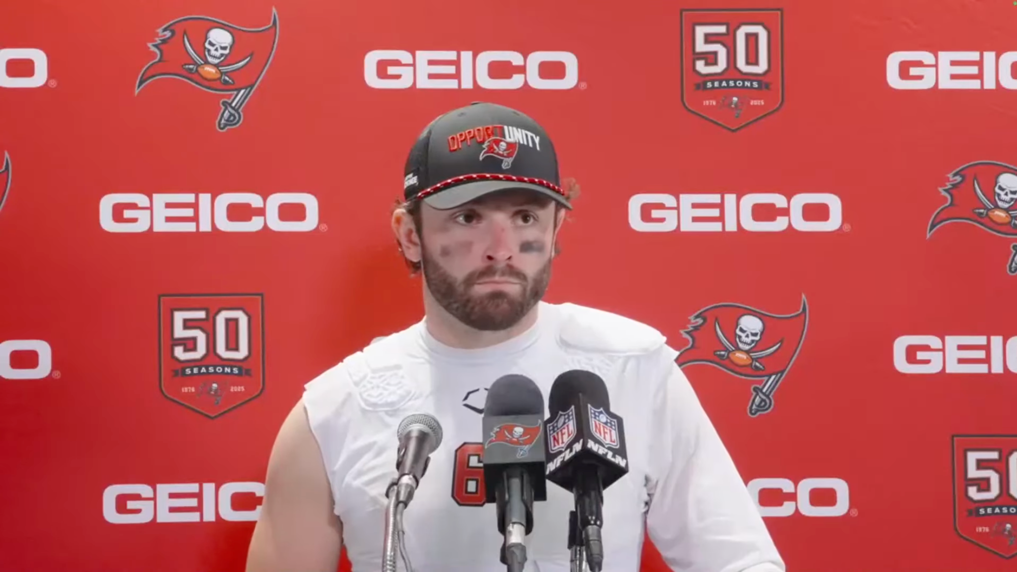 Baker Mayfield discusses the Bucs' loss to the Dolphins after the game.